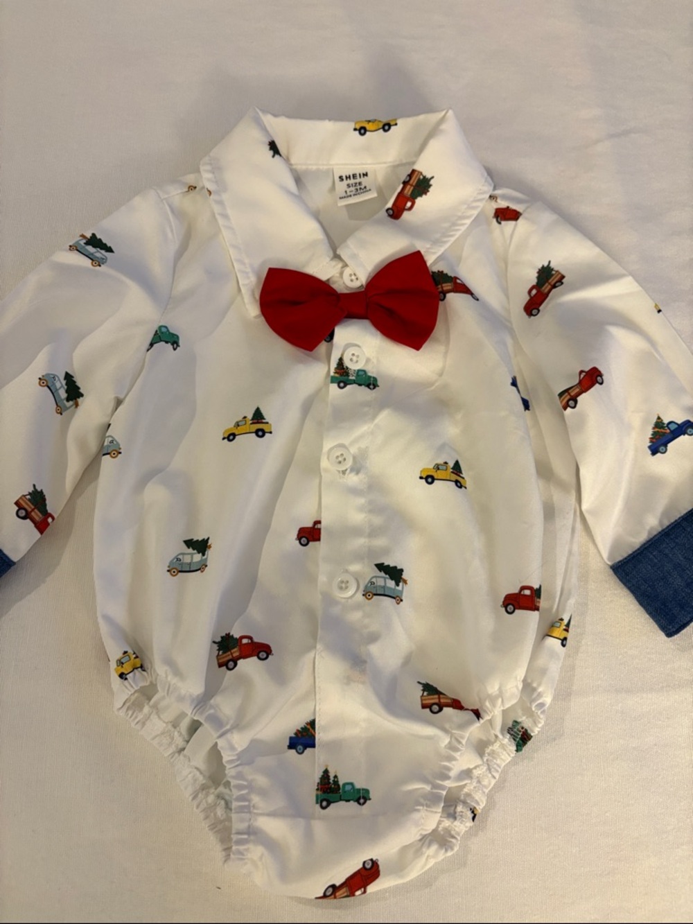 SHEIN White Baby Onesie with Red Bow Tie and Holiday Truck Print